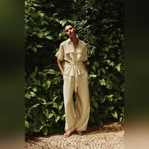 ZARA 2 PIECES SAFARI SHIRT WITH ELASTIC WAIST WIDE LEG PANTS SIZE XL,L